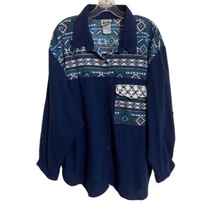 Vintage Womens Shirt Top Size 22W Navy Blue Aztec Western Design Button Up L/S